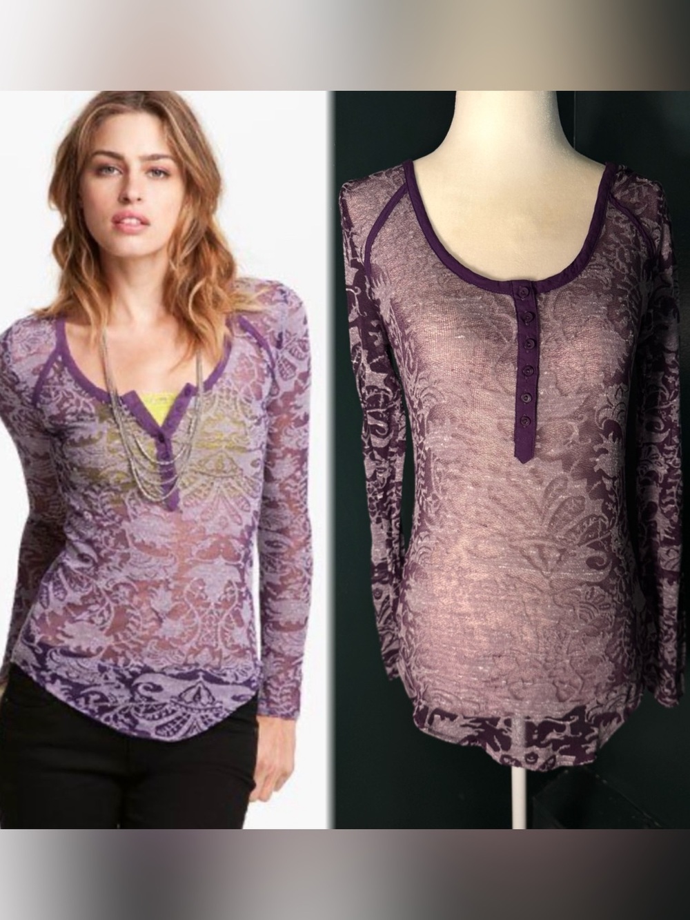 Free People Intimately • Damask Burnout Henley Long Sleeve Top • Purple M